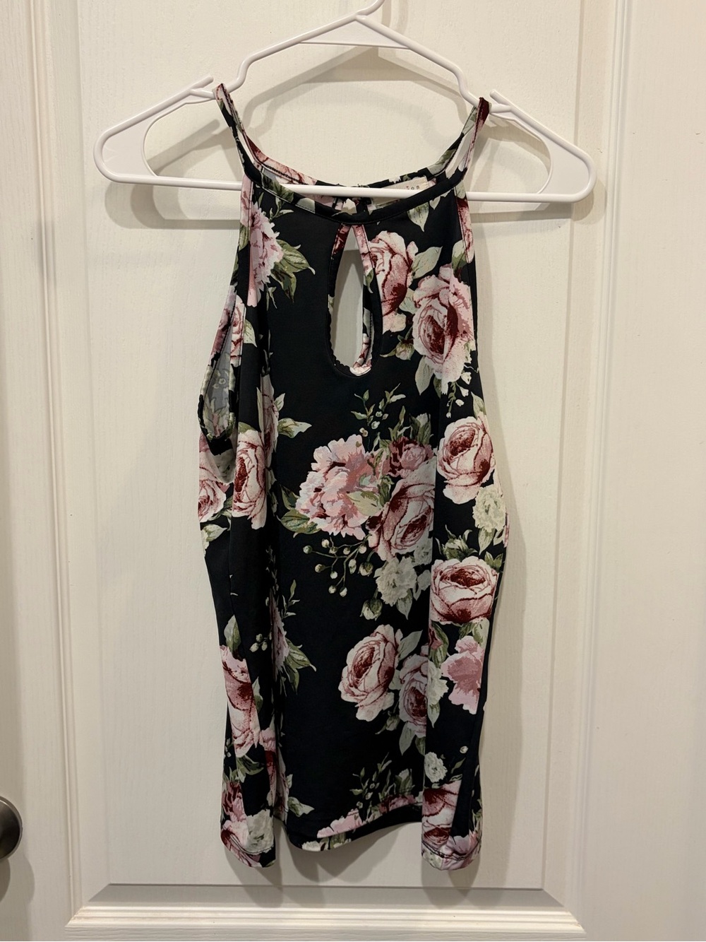 Occasion Black Floral Halter Tank Top with Pink Roses